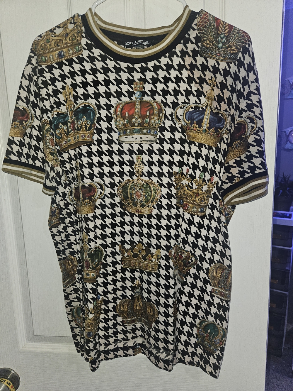 Dolce & Gabbana Black and White Houndstooth Tee with Gold Crown Print